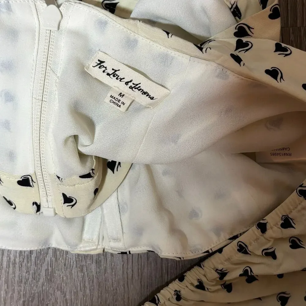 For Love & Lemons Sweetheart Crop Top Creme Heart Print Puff Sleeve Bustier Sz M